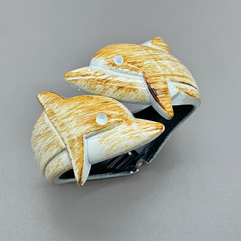 Dolphin Bracelet Double Dolphin Hinged Cuff Ivory Gold Tone Nautical Coastal